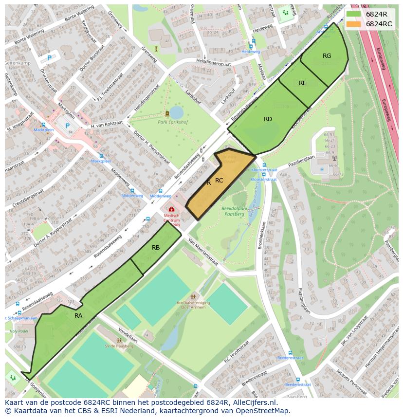 Afbeelding van het postcodegebied 6824 RC op de kaart.