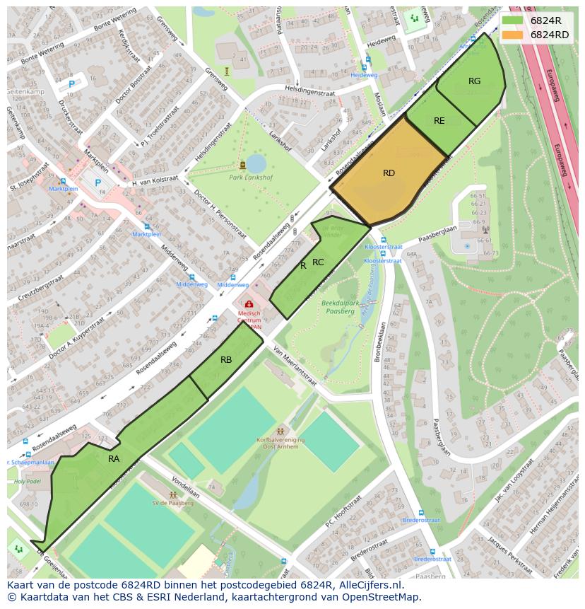 Afbeelding van het postcodegebied 6824 RD op de kaart.