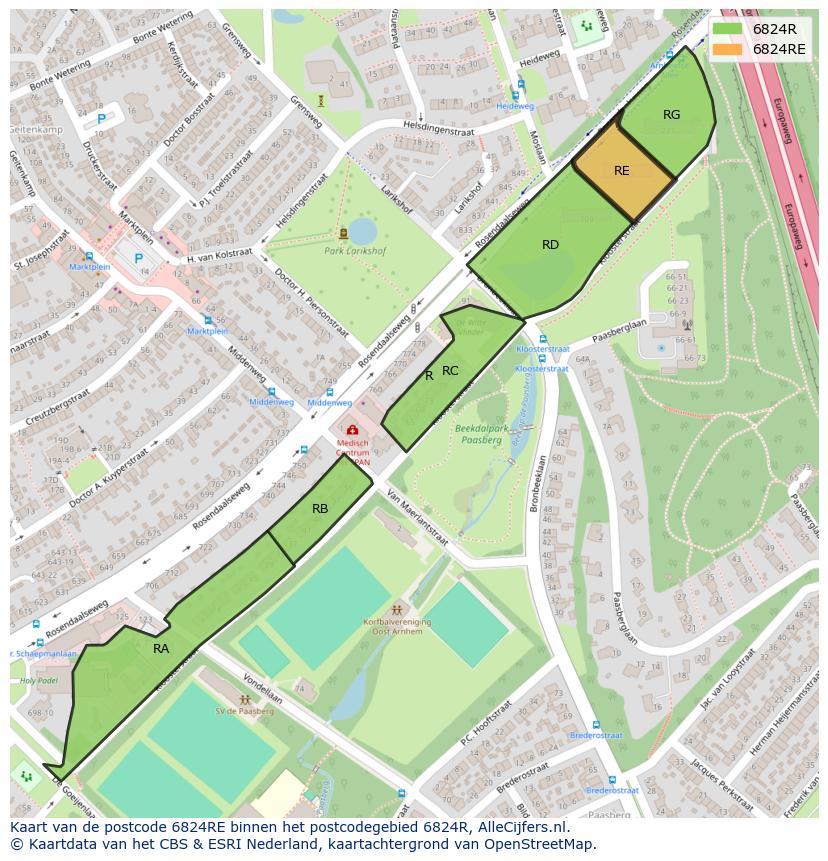 Afbeelding van het postcodegebied 6824 RE op de kaart.