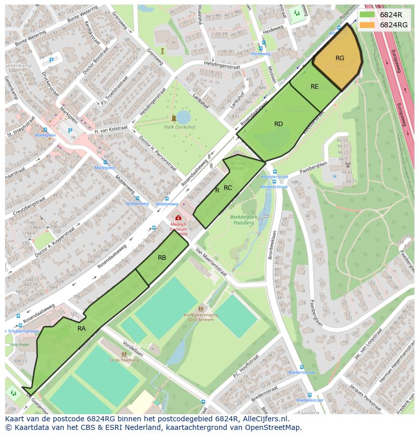 Afbeelding van het postcodegebied 6824 RG op de kaart.