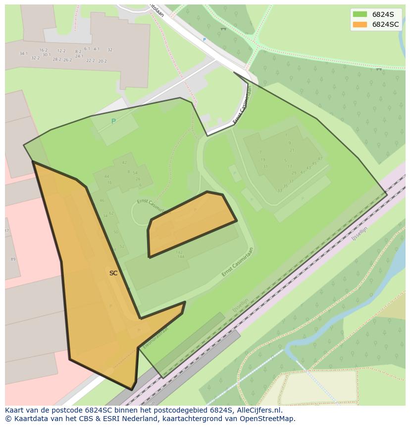 Afbeelding van het postcodegebied 6824 SC op de kaart.