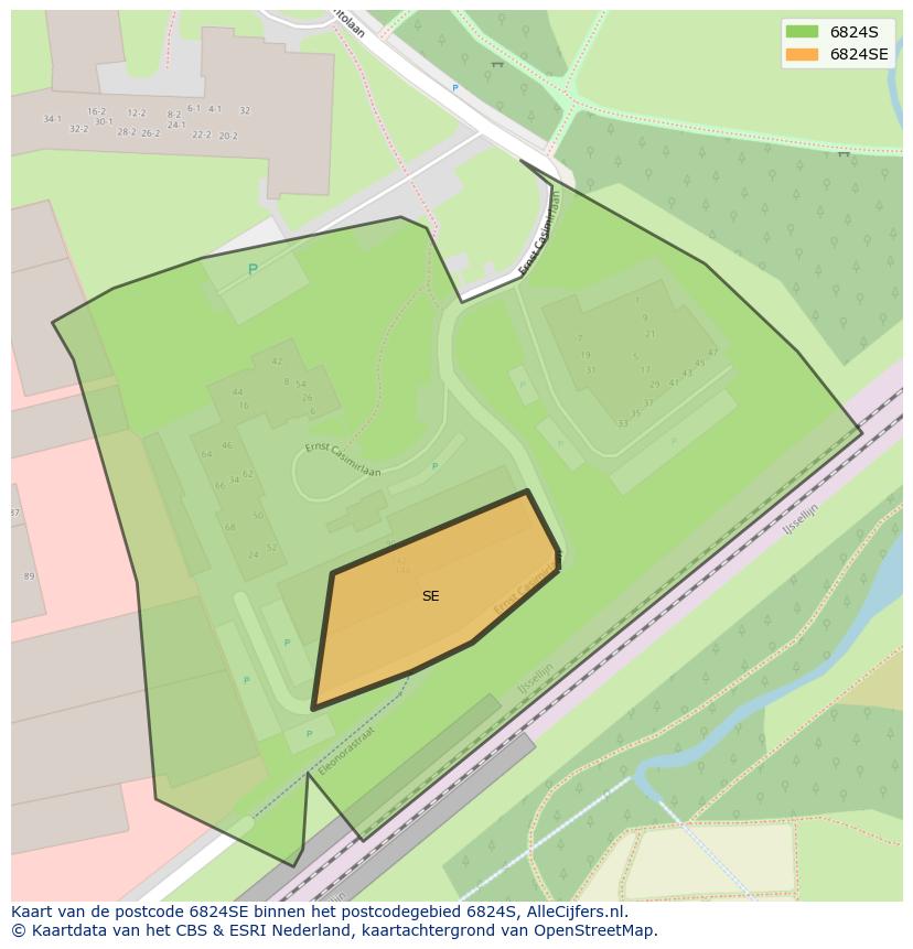 Afbeelding van het postcodegebied 6824 SE op de kaart.
