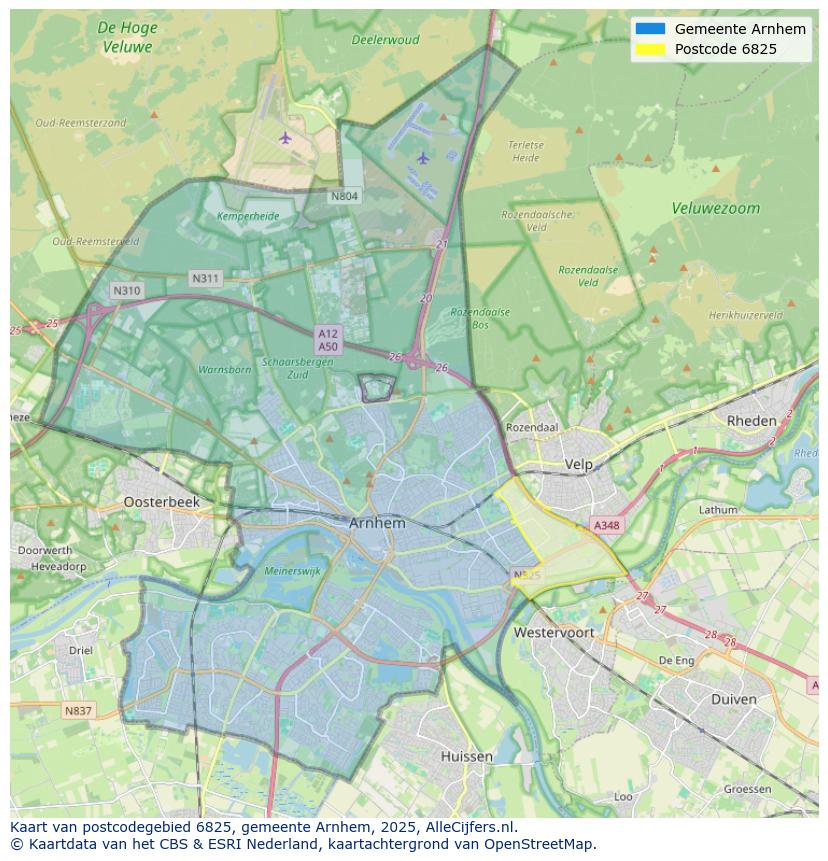 Afbeelding van het postcodegebied 6825 op de kaart.