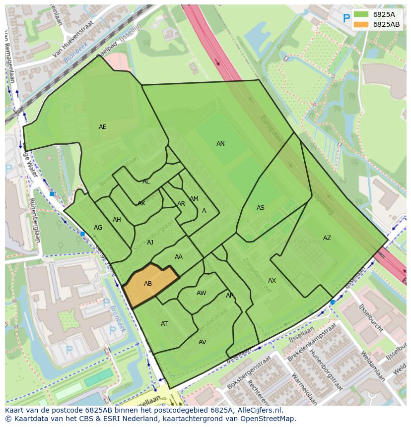 Afbeelding van het postcodegebied 6825 AB op de kaart.