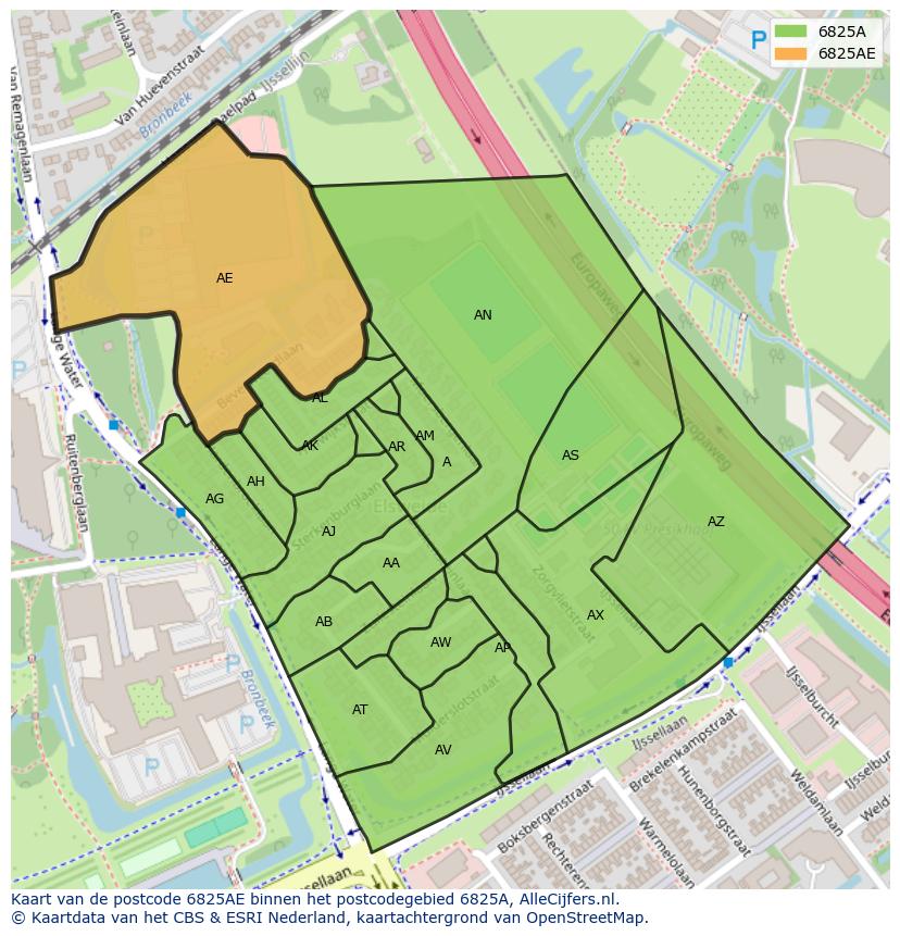 Afbeelding van het postcodegebied 6825 AE op de kaart.