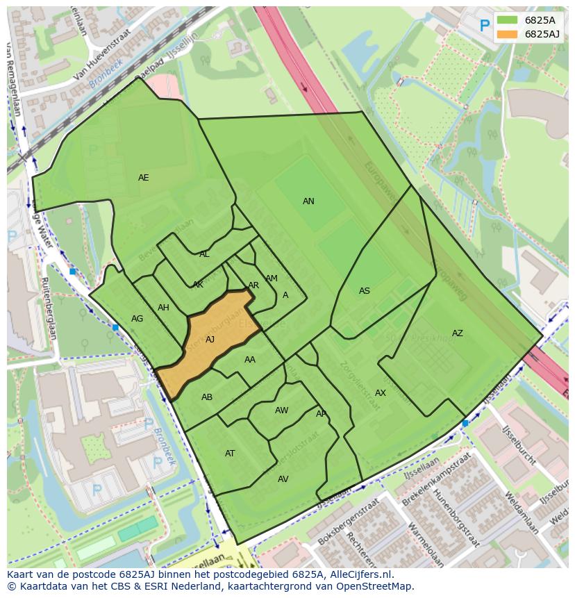 Afbeelding van het postcodegebied 6825 AJ op de kaart.