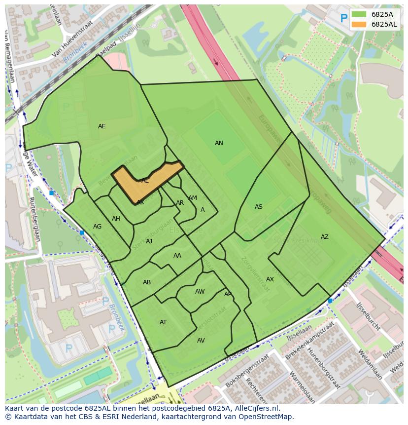 Afbeelding van het postcodegebied 6825 AL op de kaart.