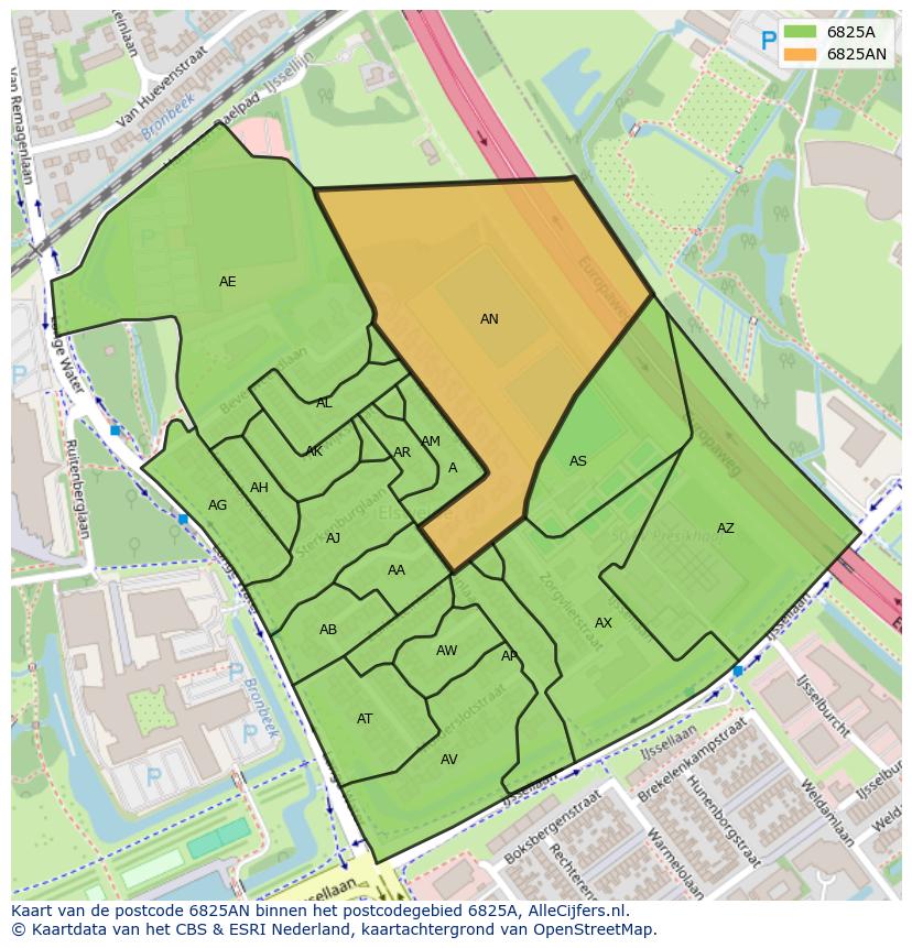 Afbeelding van het postcodegebied 6825 AN op de kaart.