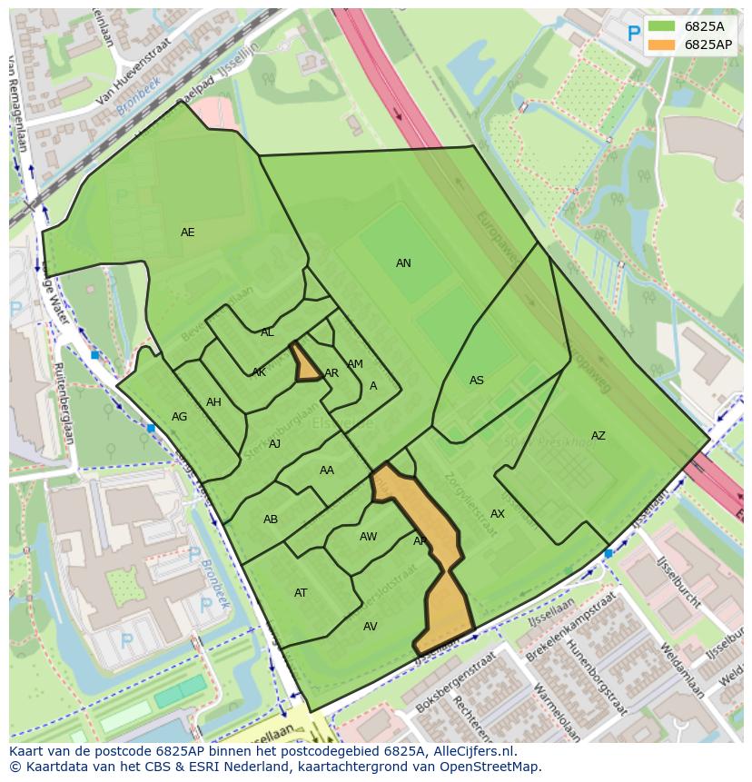 Afbeelding van het postcodegebied 6825 AP op de kaart.