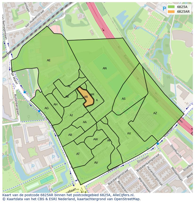 Afbeelding van het postcodegebied 6825 AR op de kaart.