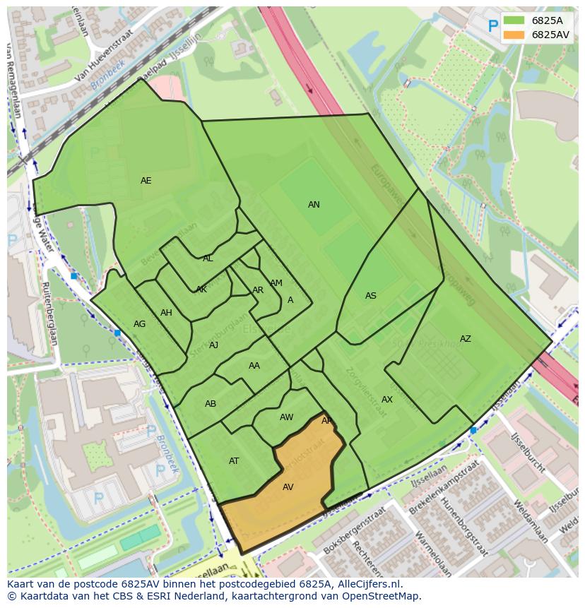 Afbeelding van het postcodegebied 6825 AV op de kaart.