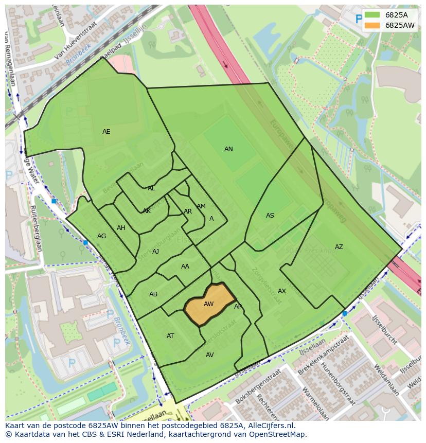 Afbeelding van het postcodegebied 6825 AW op de kaart.