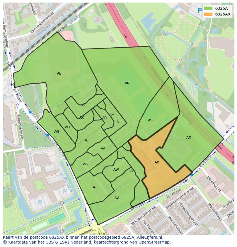 Afbeelding van het postcodegebied 6825 AX op de kaart.