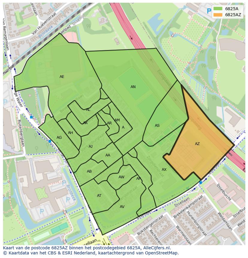 Afbeelding van het postcodegebied 6825 AZ op de kaart.