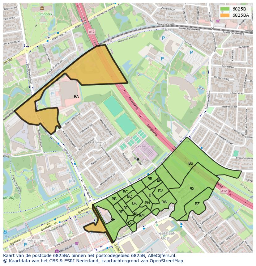 Afbeelding van het postcodegebied 6825 BA op de kaart.