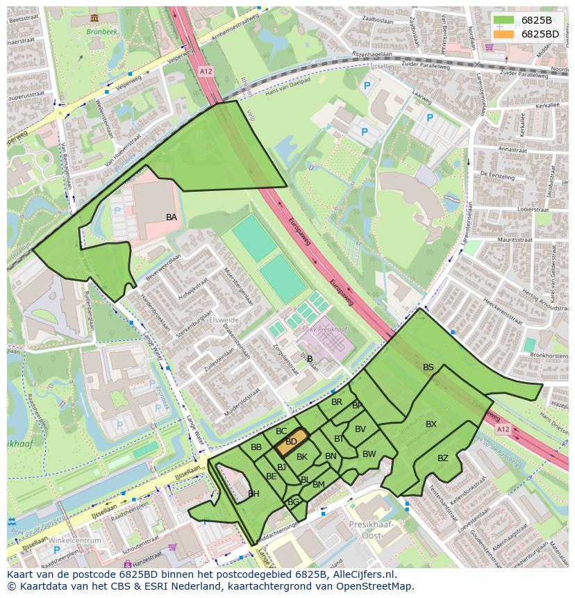 Afbeelding van het postcodegebied 6825 BD op de kaart.