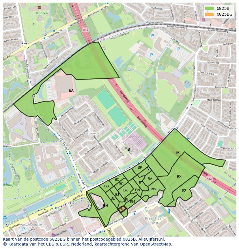 Afbeelding van het postcodegebied 6825 BG op de kaart.