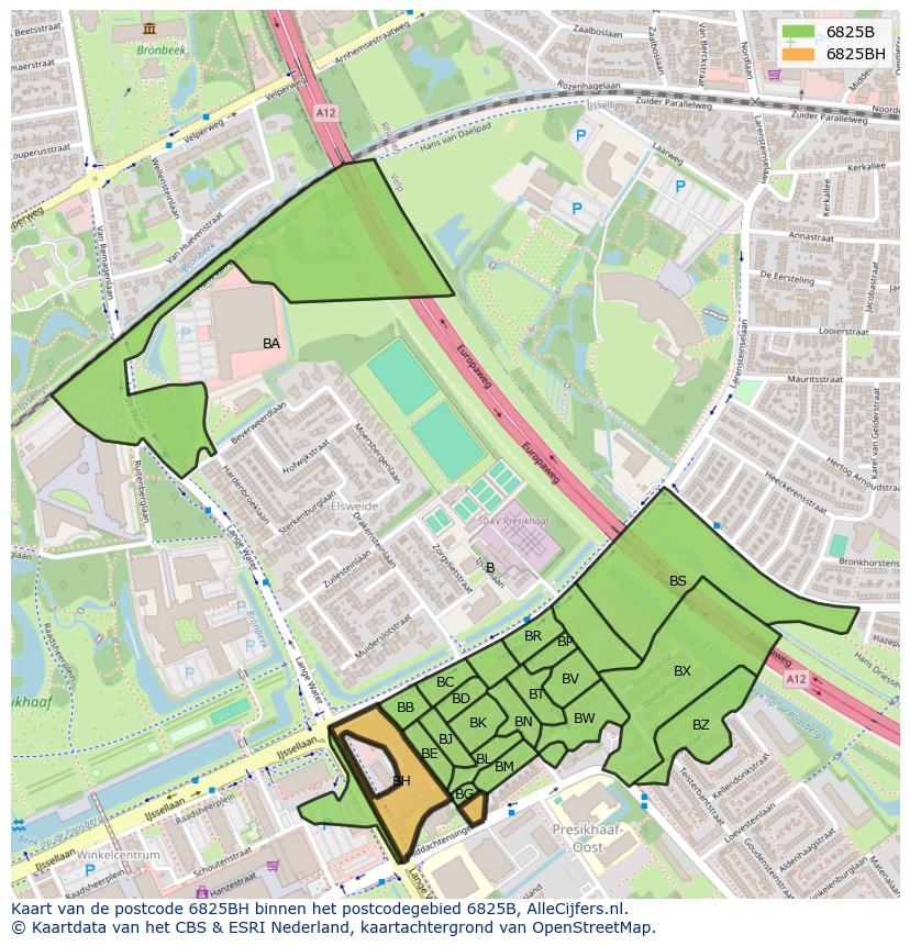 Afbeelding van het postcodegebied 6825 BH op de kaart.