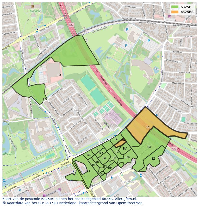 Afbeelding van het postcodegebied 6825 BS op de kaart.