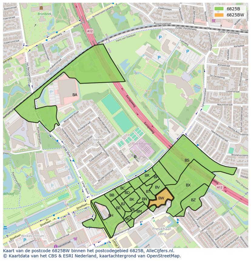Afbeelding van het postcodegebied 6825 BW op de kaart.
