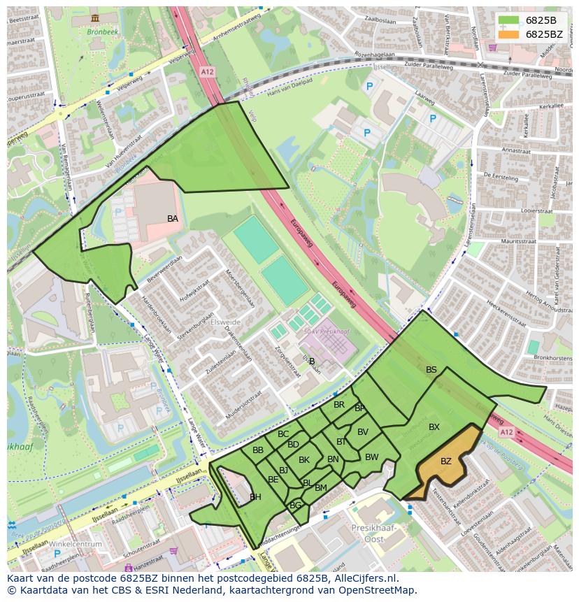Afbeelding van het postcodegebied 6825 BZ op de kaart.