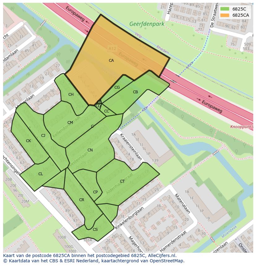 Afbeelding van het postcodegebied 6825 CA op de kaart.