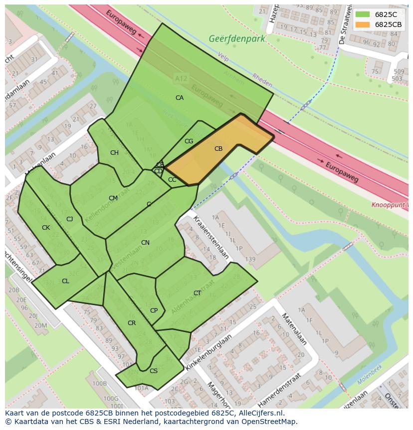 Afbeelding van het postcodegebied 6825 CB op de kaart.