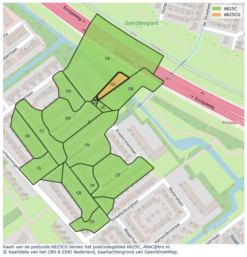 Afbeelding van het postcodegebied 6825 CG op de kaart.