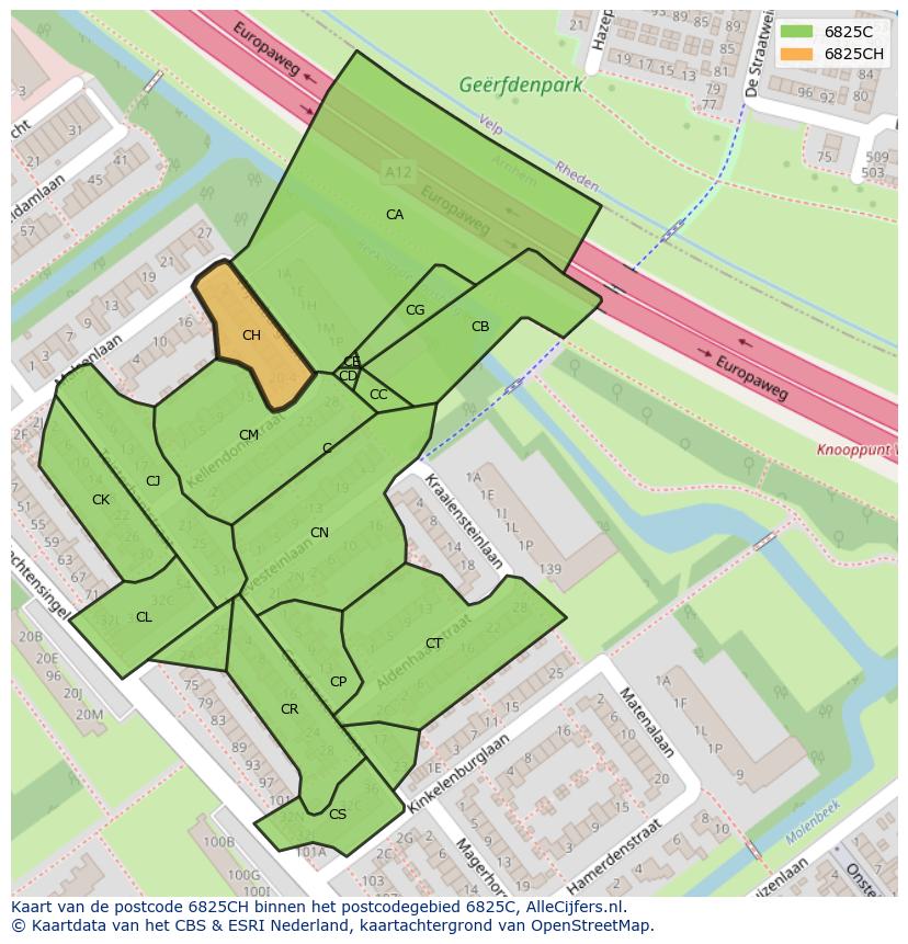 Afbeelding van het postcodegebied 6825 CH op de kaart.