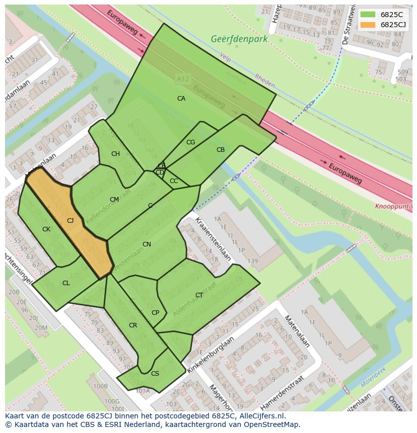 Afbeelding van het postcodegebied 6825 CJ op de kaart.