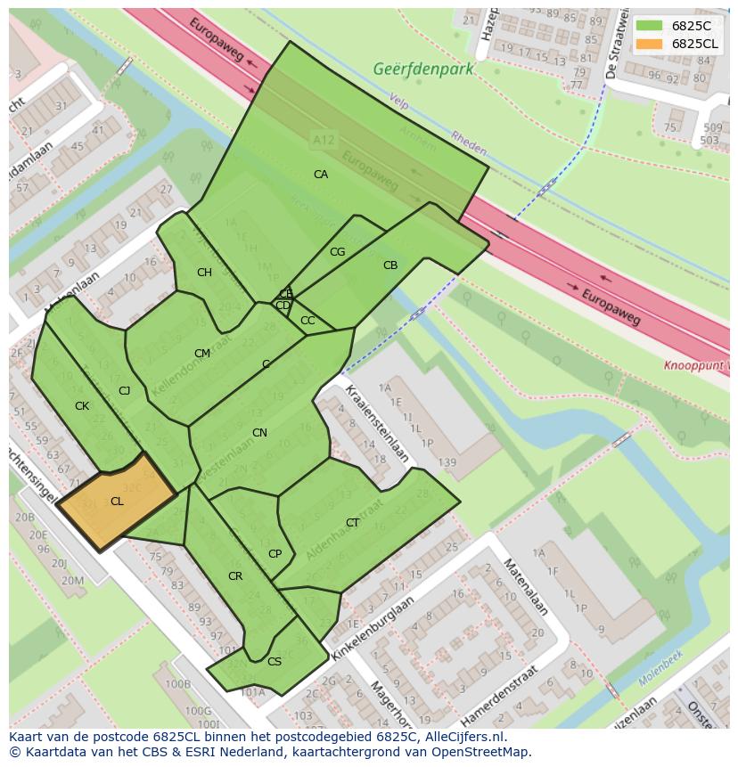 Afbeelding van het postcodegebied 6825 CL op de kaart.