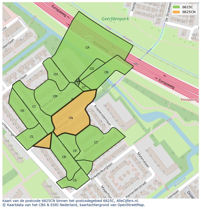 Afbeelding van het postcodegebied 6825 CN op de kaart.