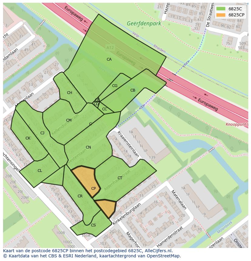 Afbeelding van het postcodegebied 6825 CP op de kaart.