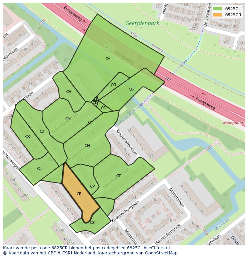 Afbeelding van het postcodegebied 6825 CR op de kaart.