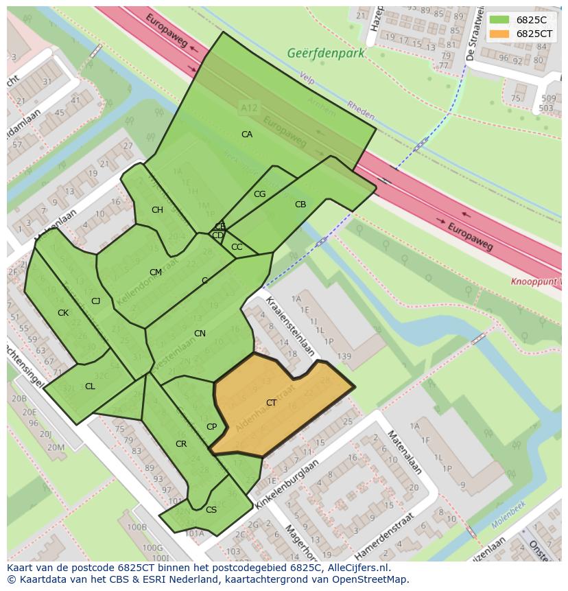 Afbeelding van het postcodegebied 6825 CT op de kaart.