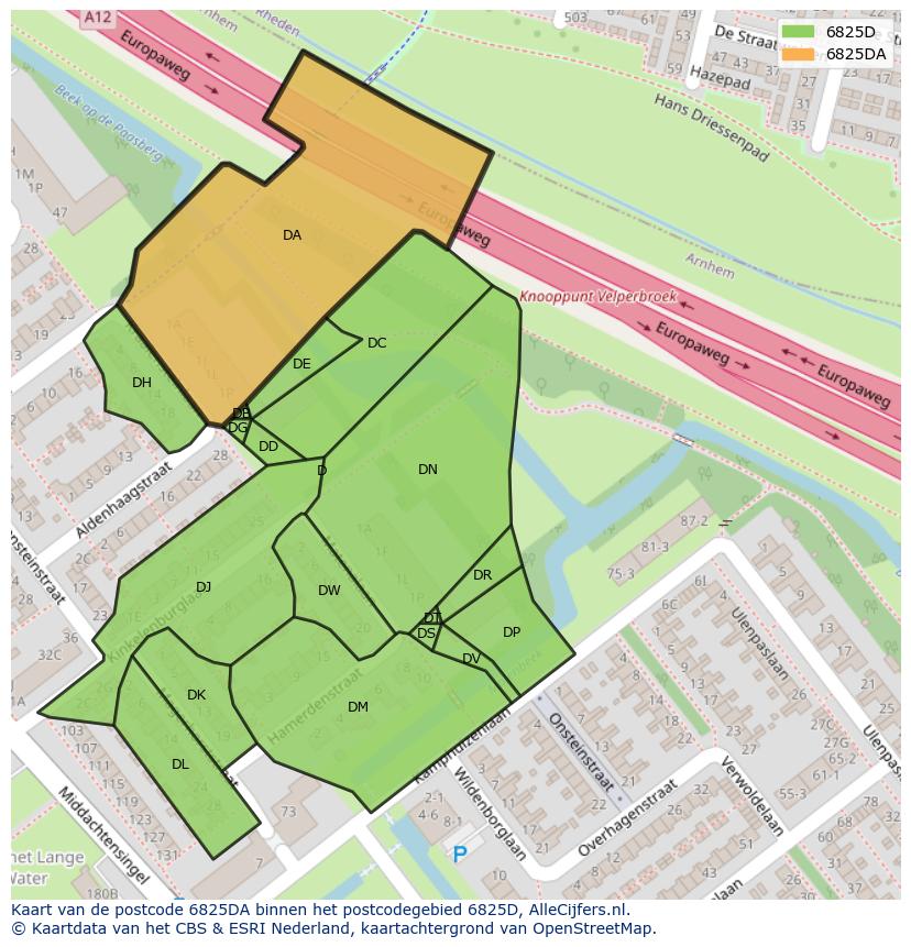 Afbeelding van het postcodegebied 6825 DA op de kaart.
