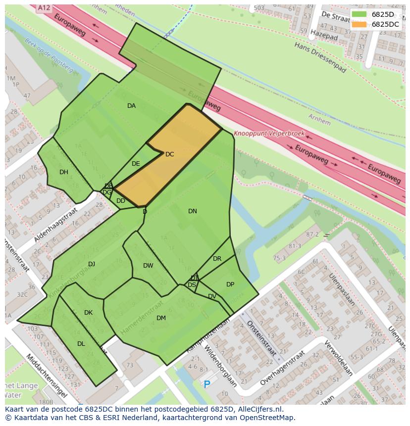Afbeelding van het postcodegebied 6825 DC op de kaart.
