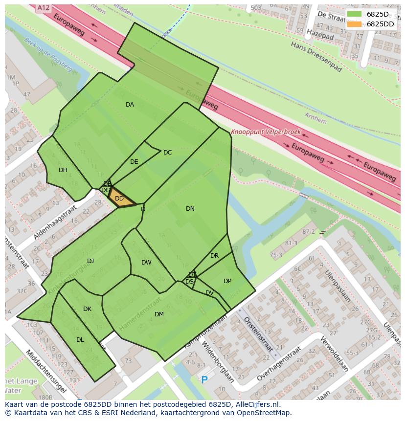Afbeelding van het postcodegebied 6825 DD op de kaart.