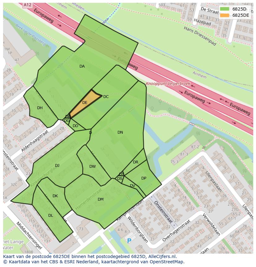 Afbeelding van het postcodegebied 6825 DE op de kaart.