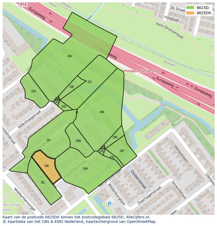 Afbeelding van het postcodegebied 6825 DK op de kaart.