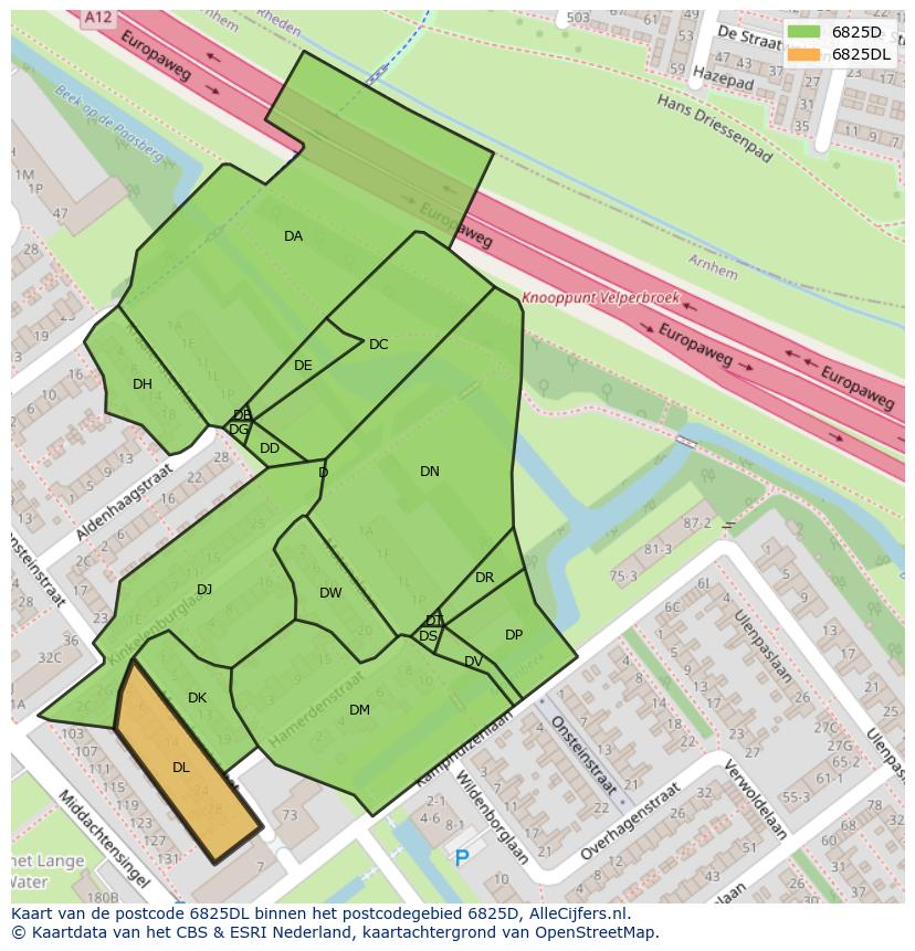 Afbeelding van het postcodegebied 6825 DL op de kaart.
