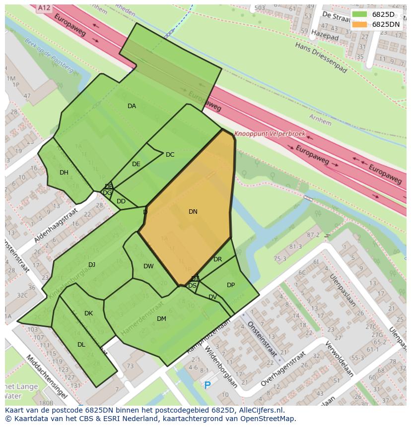Afbeelding van het postcodegebied 6825 DN op de kaart.