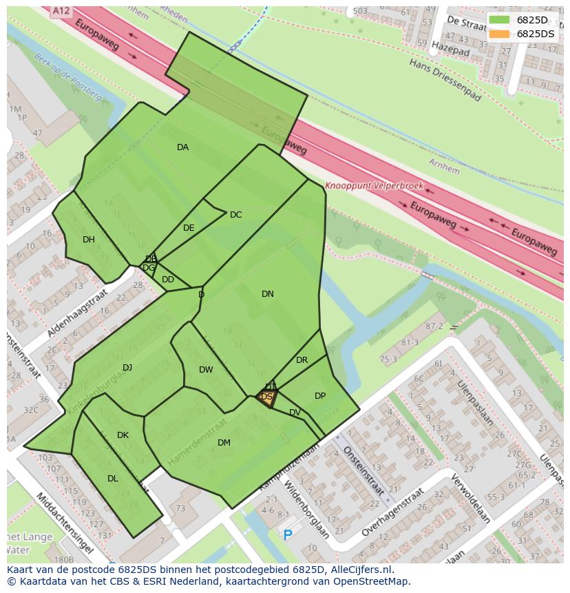 Afbeelding van het postcodegebied 6825 DS op de kaart.