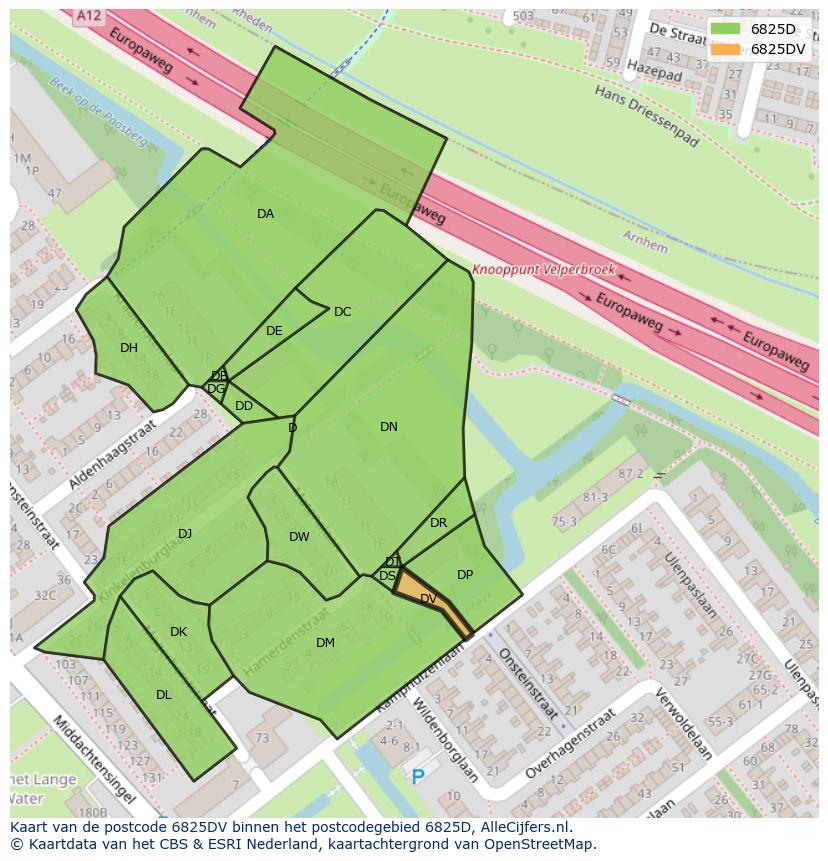 Afbeelding van het postcodegebied 6825 DV op de kaart.