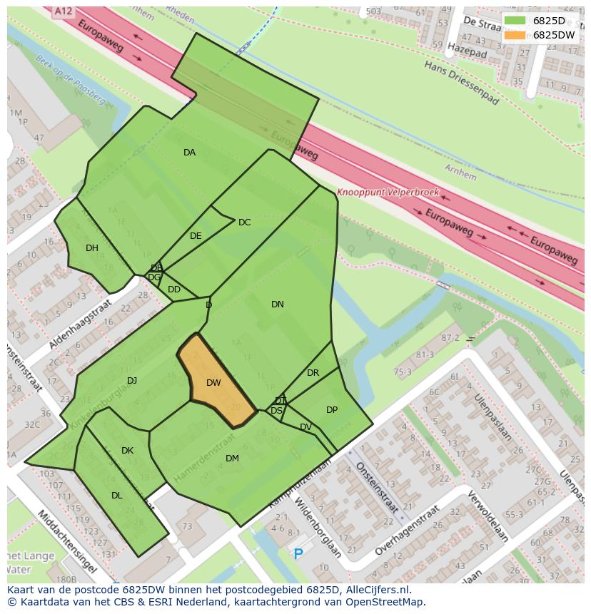 Afbeelding van het postcodegebied 6825 DW op de kaart.