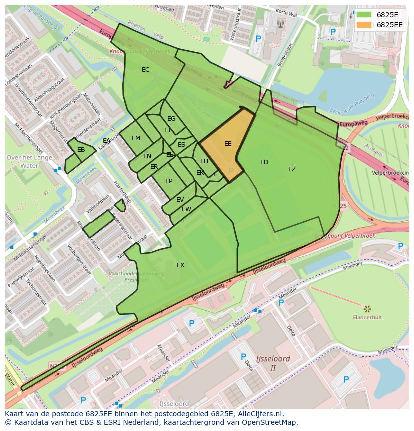 Afbeelding van het postcodegebied 6825 EE op de kaart.