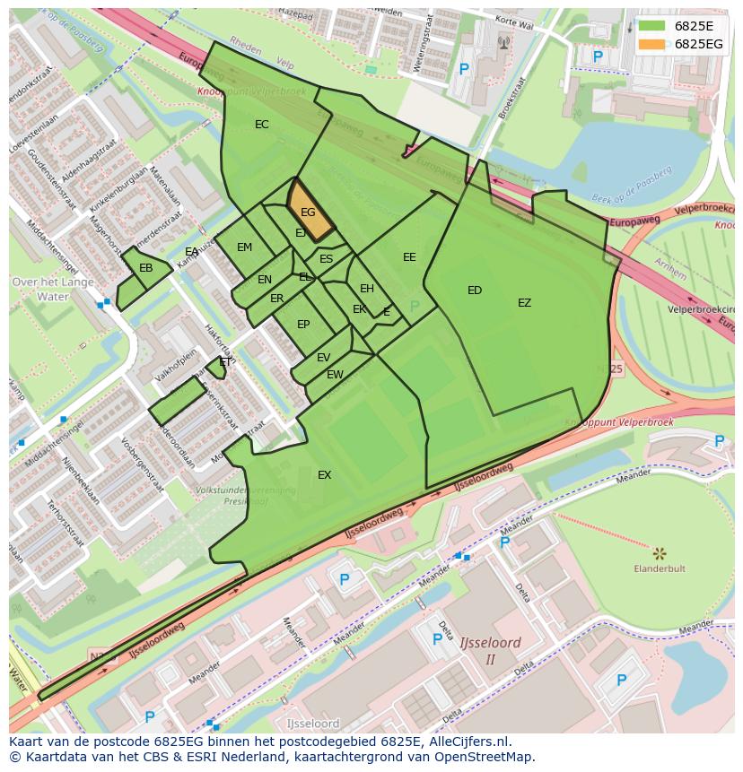 Afbeelding van het postcodegebied 6825 EG op de kaart.