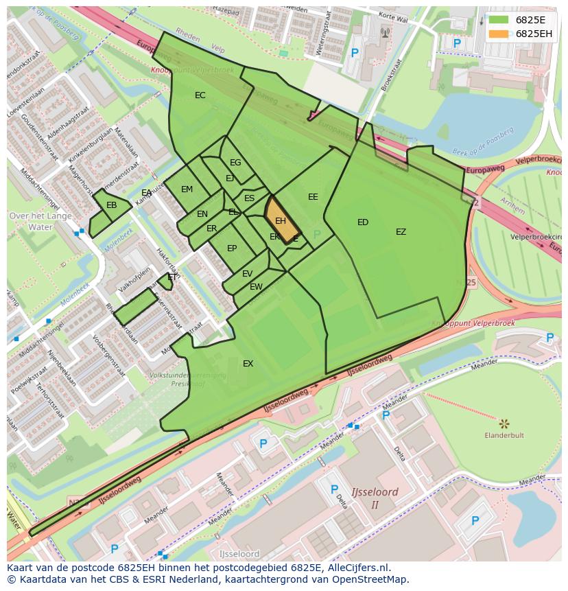 Afbeelding van het postcodegebied 6825 EH op de kaart.