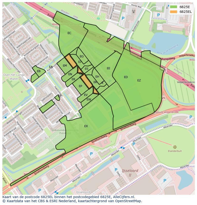 Afbeelding van het postcodegebied 6825 EL op de kaart.