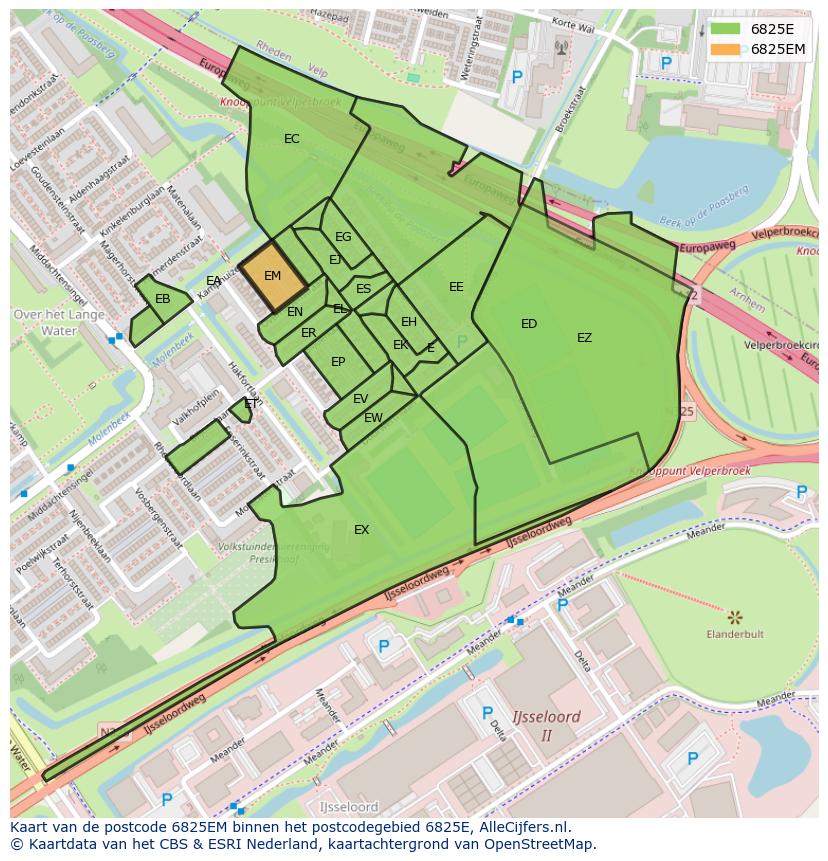 Afbeelding van het postcodegebied 6825 EM op de kaart.